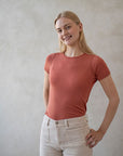Ulltrøye dame, kort erm, ull med silke - Høstrød