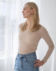 Ulltrøye med V-hals, ull med silke lang - Latte