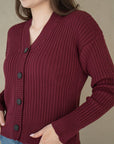 Ribbestrikket cardigan - Plommerød