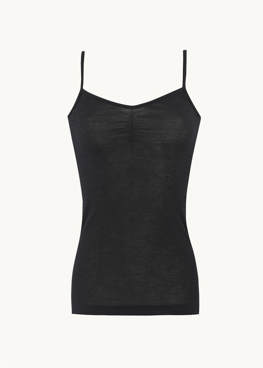 Singlet m/stropper i ull med silke - Svart