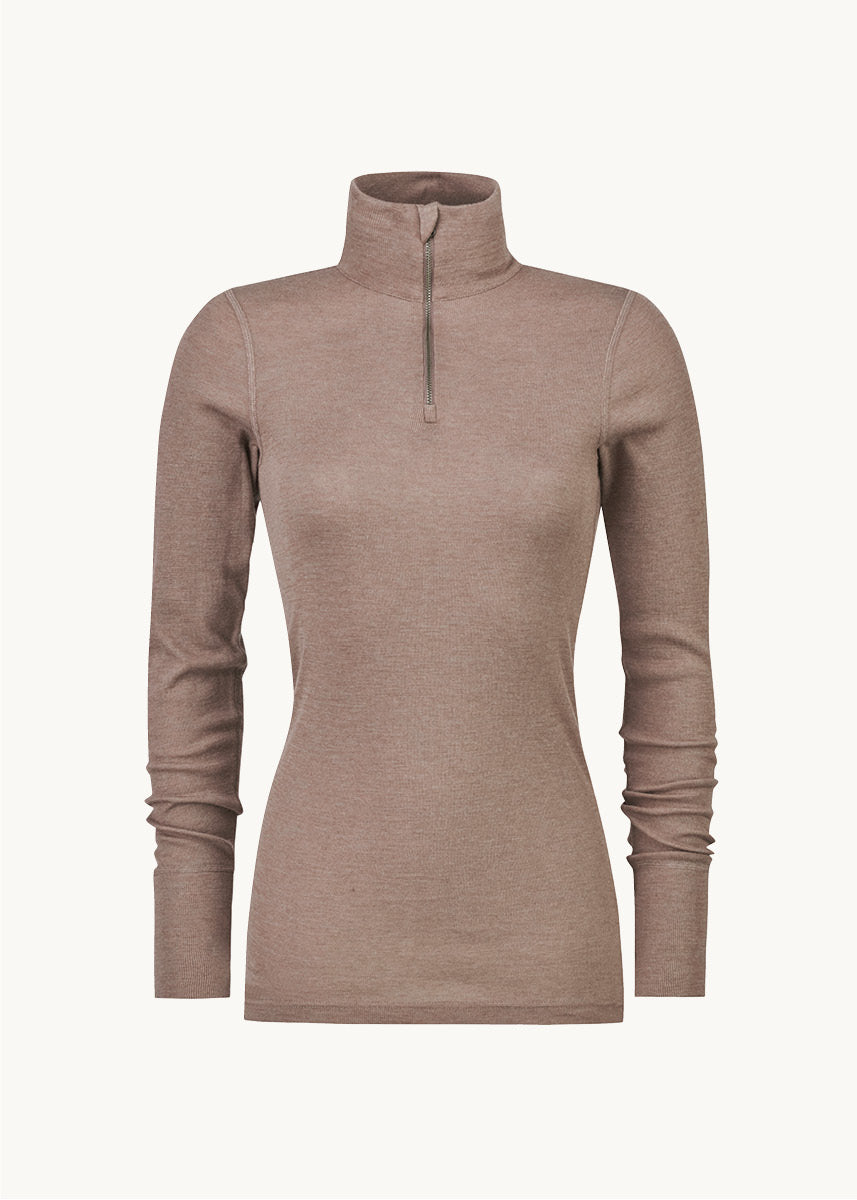 Høyhalset genser med zip i ull med silke, unisex