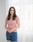 Ulltrøye dame, kort erm, ull med silke - Lys rose