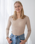 Ulltrøye med V-hals, ull med silke lang - Latte
