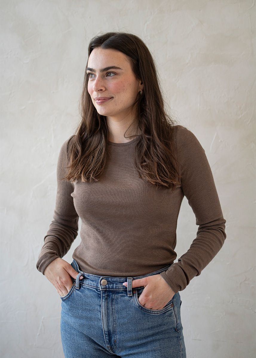 Langermet ulltrøye dame, ull med silke - Brun