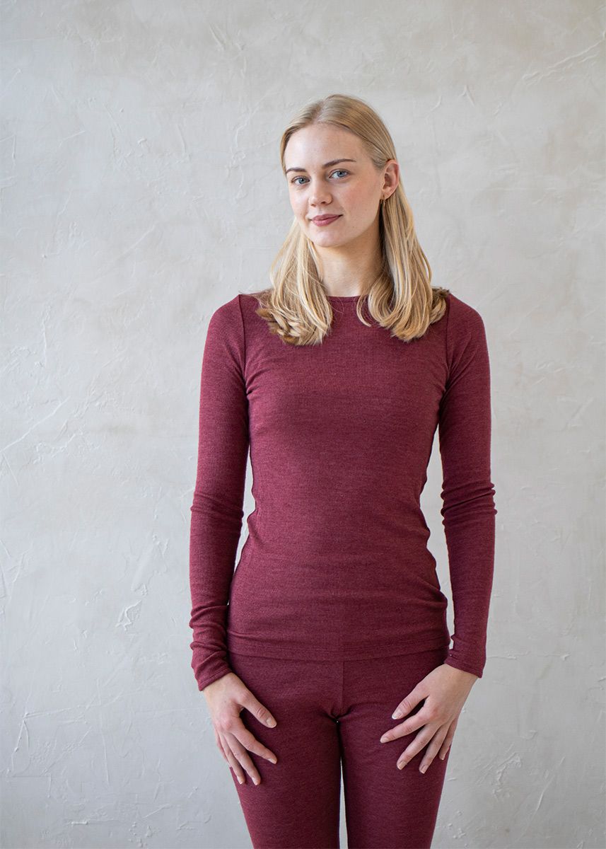 Langermet ulltrøye dame, ull med silke - Plomme