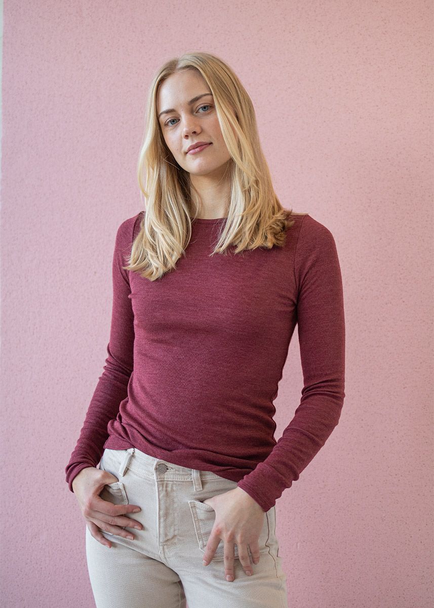 Langermet ulltrøye dame, ull med silke - Plomme