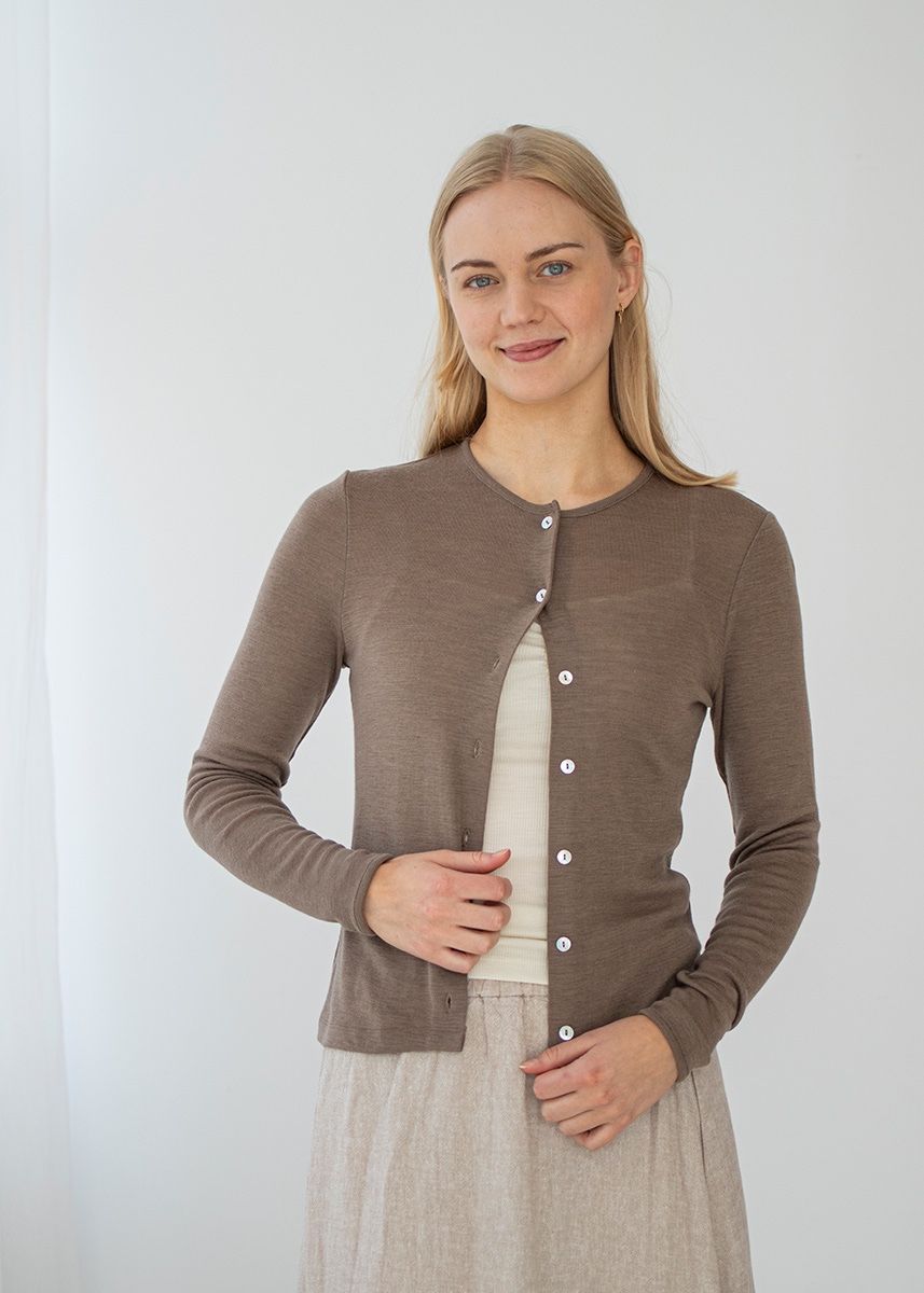 Cardigan i ull med silke  - Brun