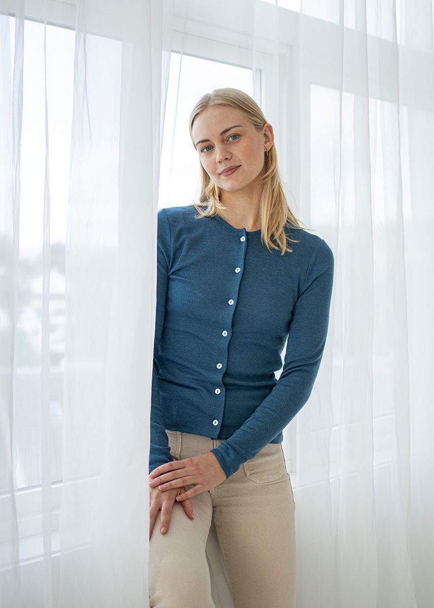 Cardigan i ull med silke  - Dongeriblå
