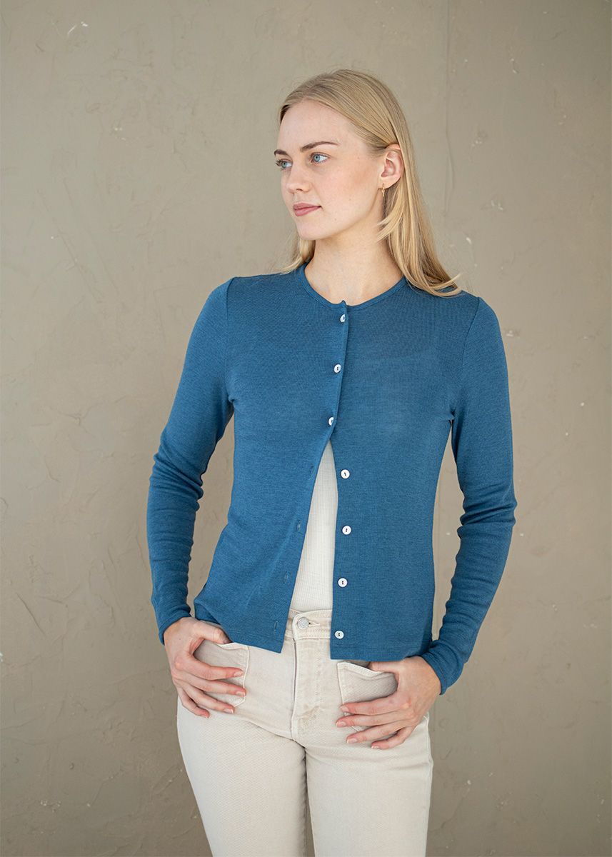 Cardigan i ull med silke  - Dongeriblå