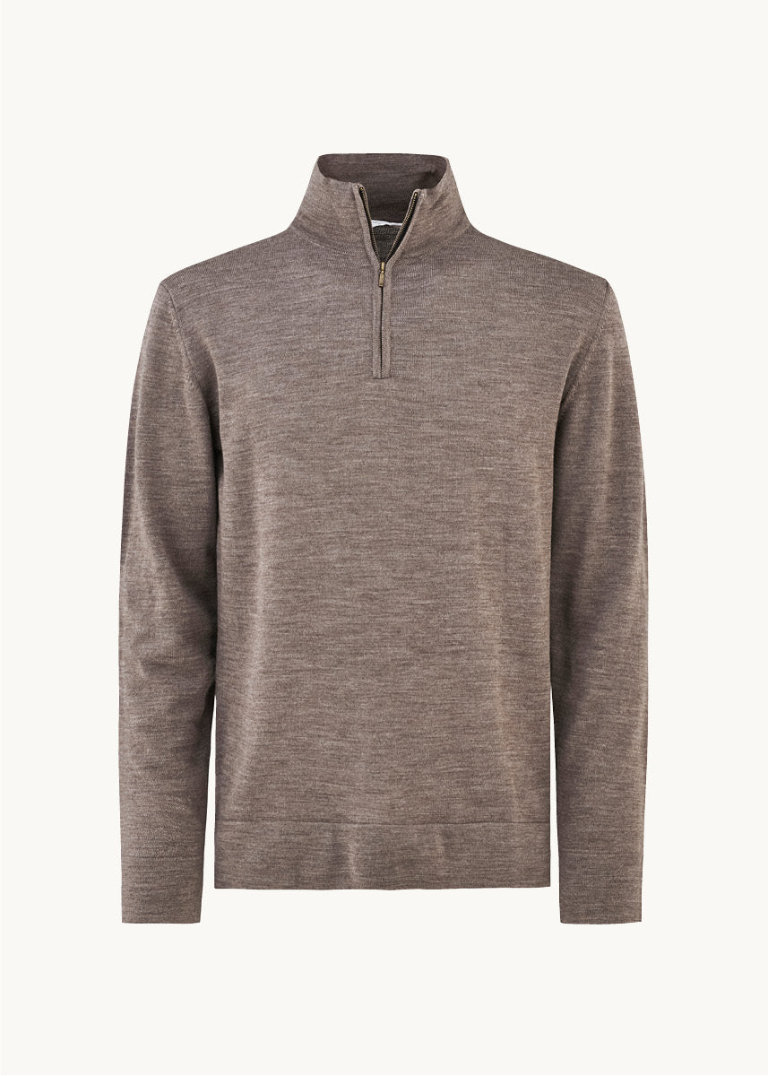 Finstrikket ullgenser halv zip - Brun