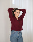 Ribbestrikket cardigan - Plommerød