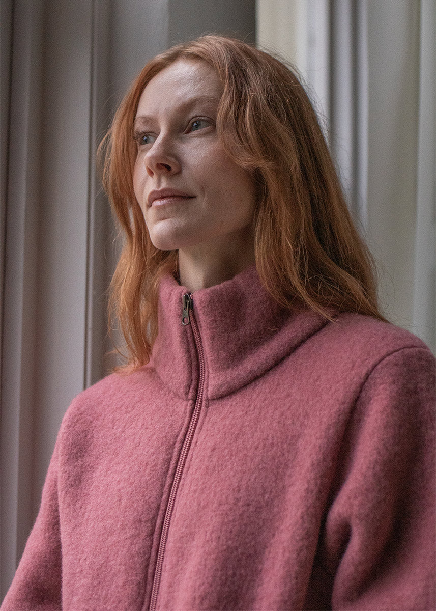 Jakke i ullfleece, dame - Mørk rose