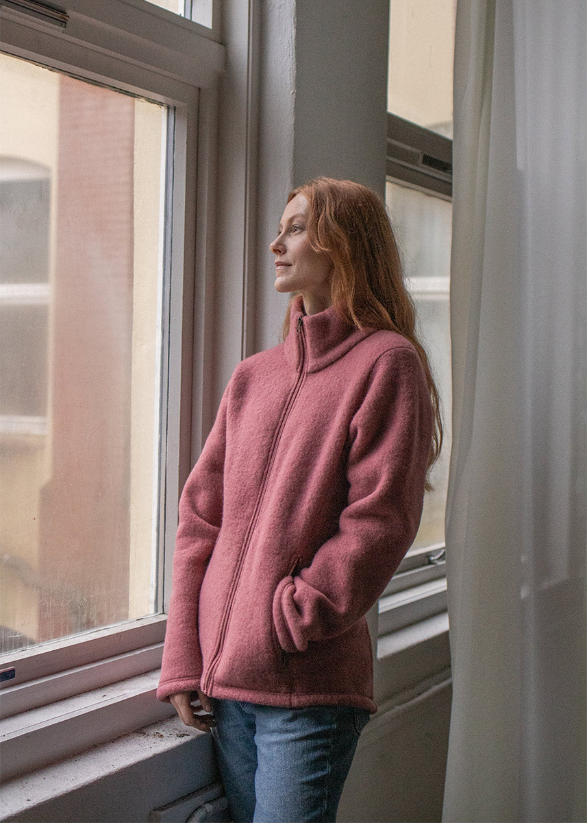 Jakke i ullfleece, dame - Mørk rose