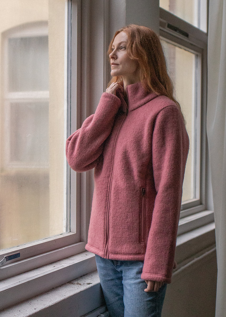 Jakke i ullfleece, dame - Mørk rose