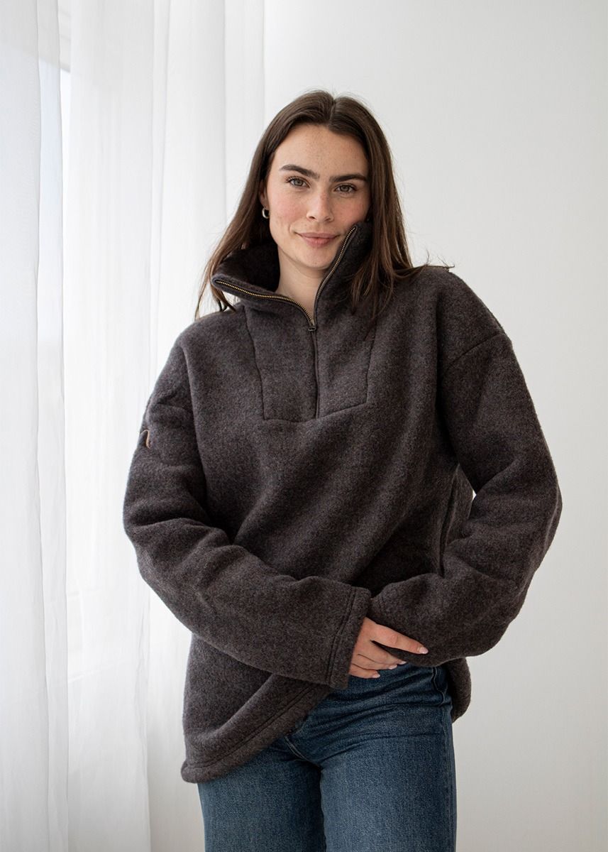 Genser i ullfleece med zip - Naturbrun
