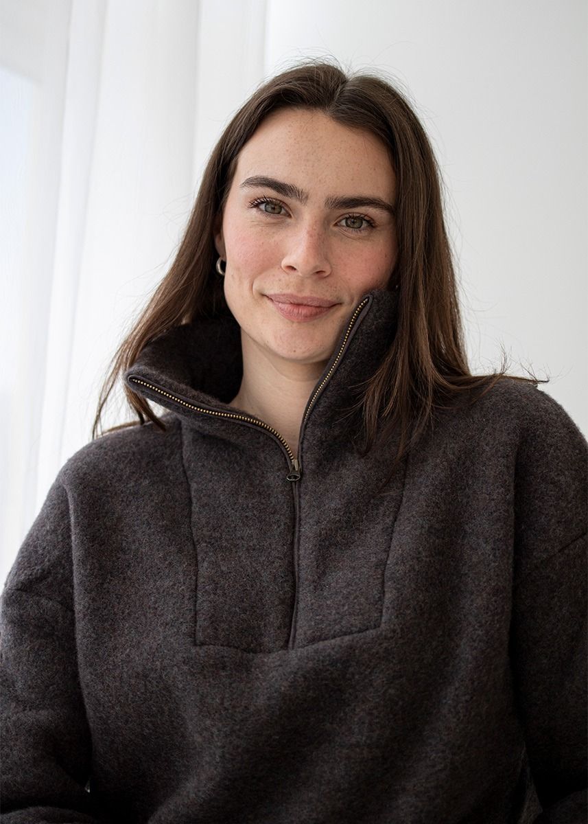 Genser i ullfleece med zip - Naturbrun