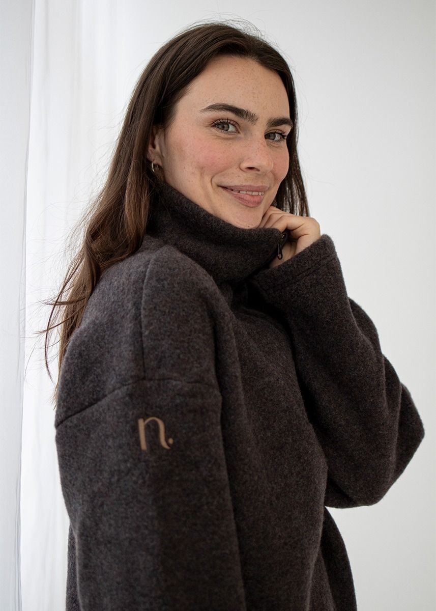 Genser i ullfleece med zip - Naturbrun