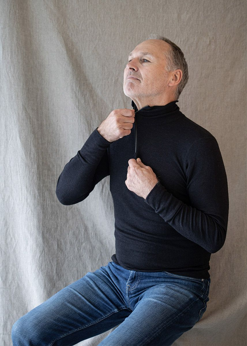 Høyhalset genser med glidelås i ull med silke, unisex